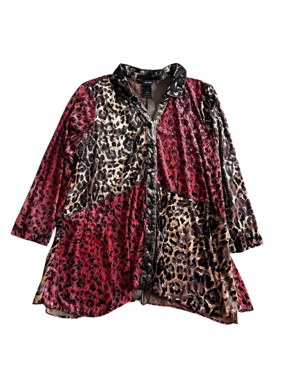 Ali Miles Women's Sz Large Red & Brown Leopard Print Velvet Button-Up Tunic
